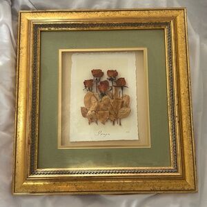 Vintage dried roses flowers art wooden frame gold glam home decor wall hanging